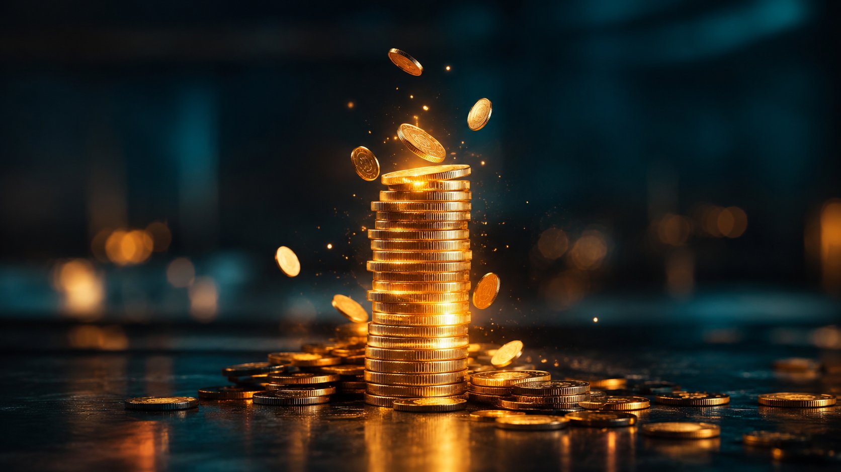 Coins stacked into a glowing tower that emits small reward coins