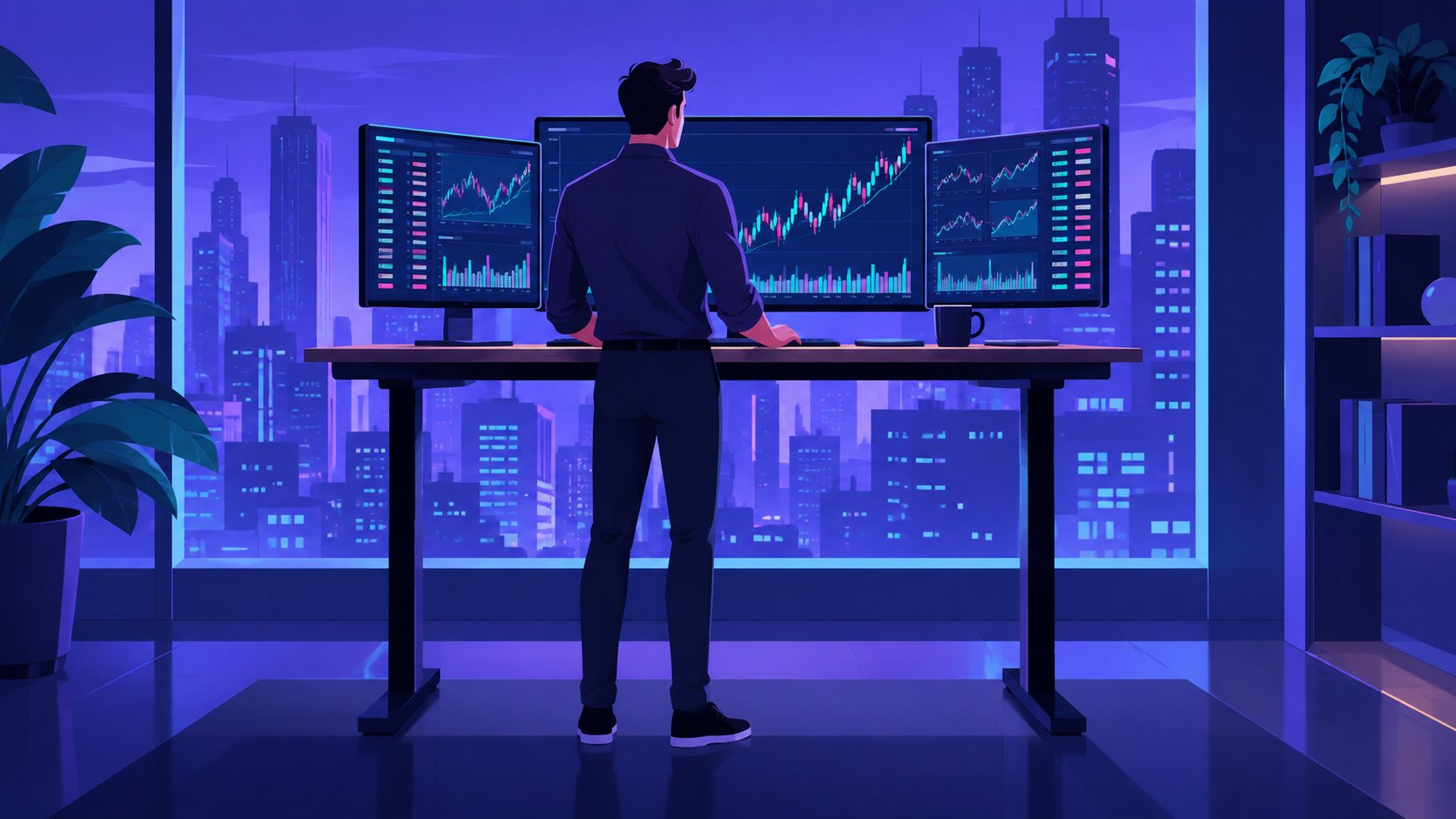 Investor at a standing desk watching fast moving intraday stock charts