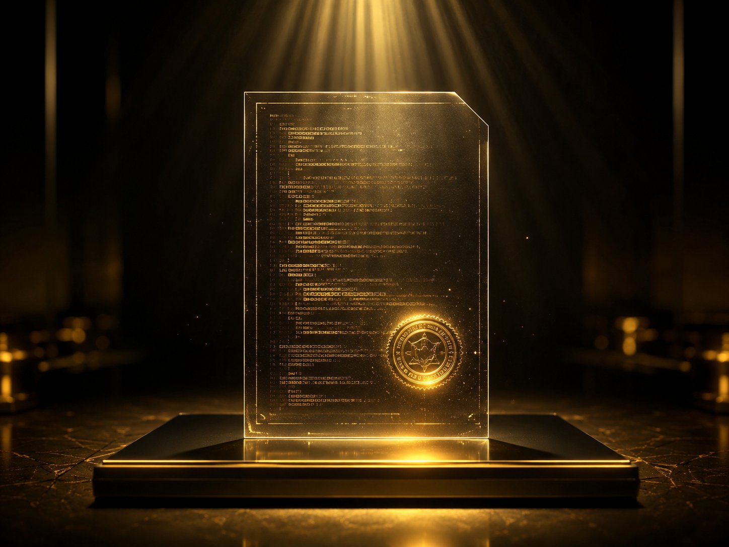 Transparent document made of code lines sealed with a glowing stamp